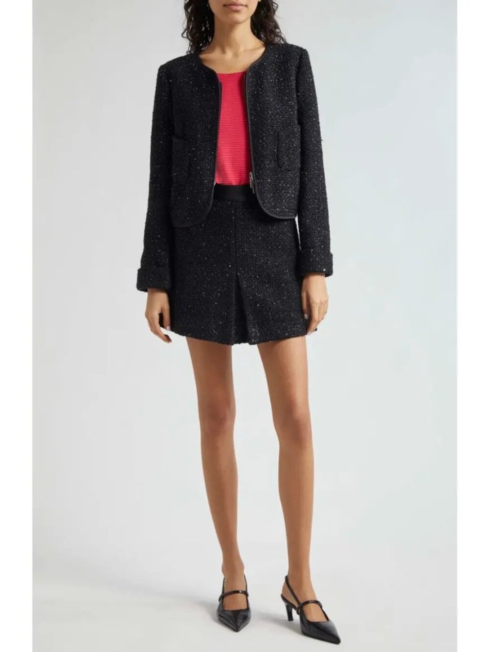 Cynthia Rowley Tweed Blazer Jacket Size Small Black Open Front Long Sleeve Pocke